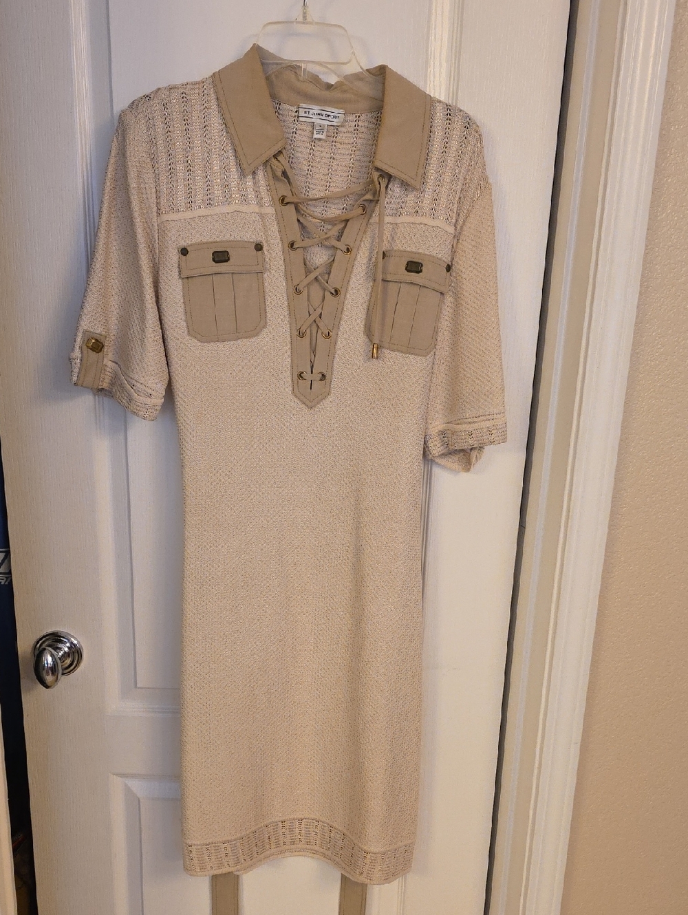 Beige Lace-Up Knit Shirt Dress